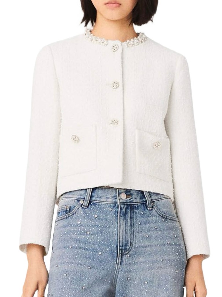 Maje Cropped Pearl-Trim White Tweed Jacket Brand New With Tags Xs/S
